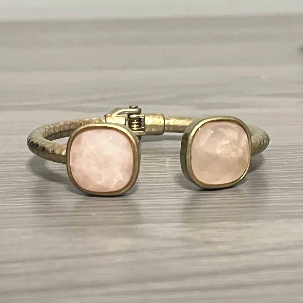 Vintage Gold Hinged Bangle Bracelet with Light Pink Gemstones, Boho - Picture 3 of 8